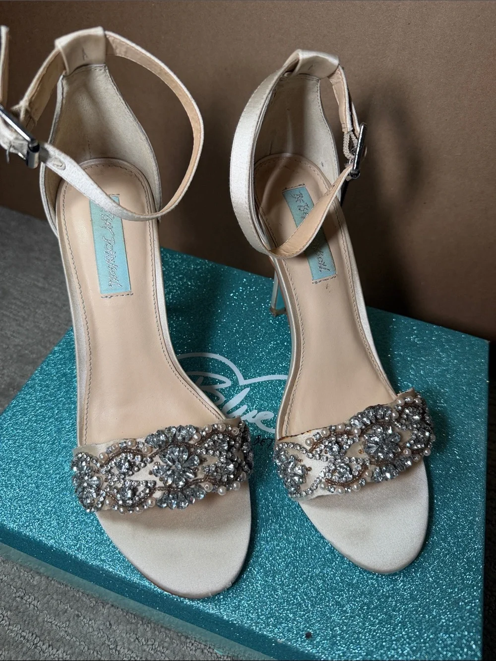 Women's Embellished Ankle-Strap Heels - Light Champagne 3 inches